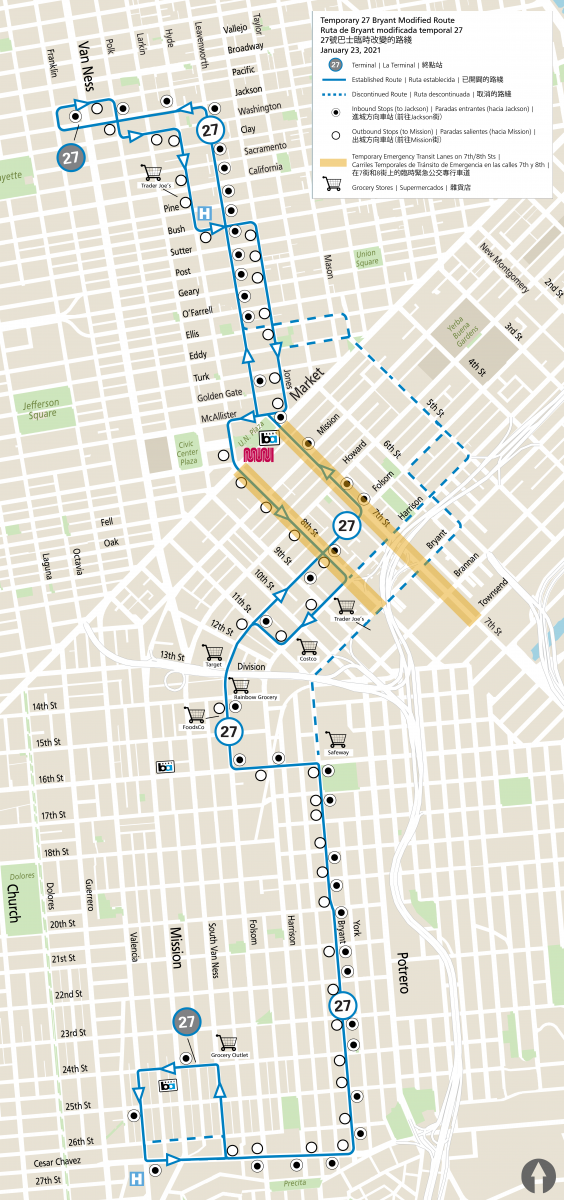 Map showing temporary routing of 27 Bryant on 7th and 8th Streets instead of 5th Street