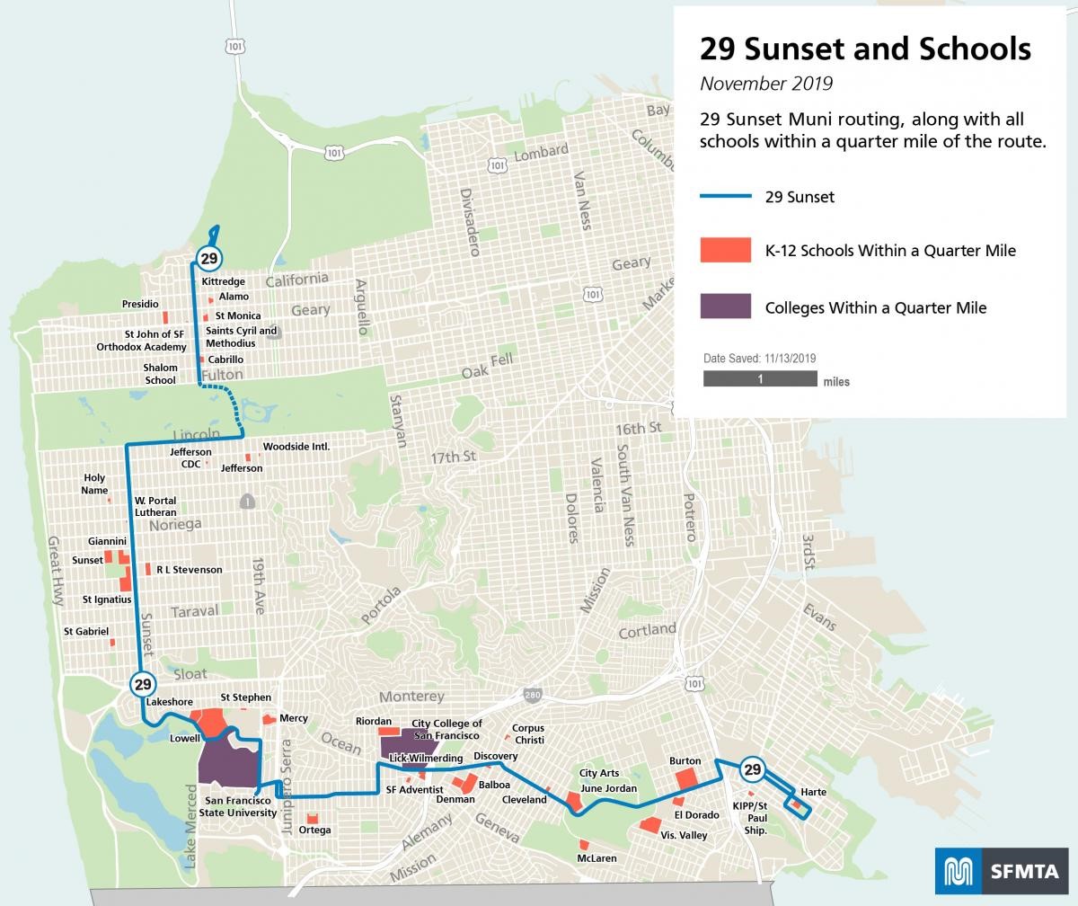 Map showing the route for the 29 Sunset and all of the schools along the route