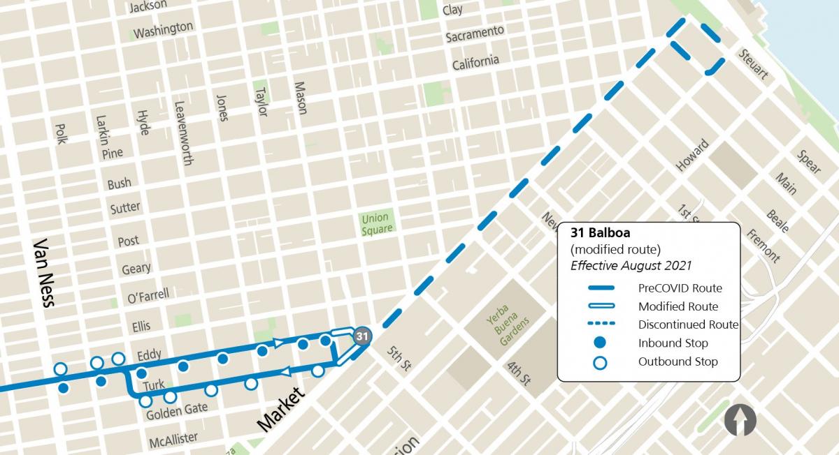 Modified map of the 31 Balboa showing temporary terminal at Cyril Magnin & Market Street