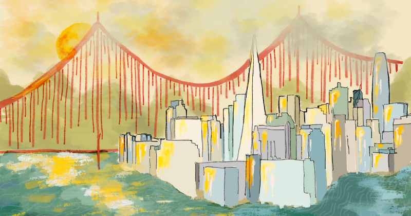 Artistic interpretation of the San Francisco skyline in front of the Golden Gate Bridge and Marin hills, surrounded by water