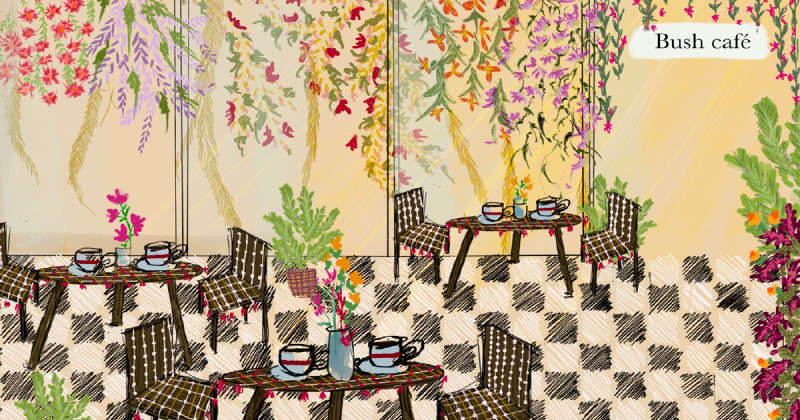 Chairs and tables with coffee cups in the Bush Cafe with flower drawings on the walls