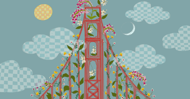 One of the towers of the Golden Gate Bridge with flowers sprouting from all of the supports. The medium-gray sky features checkerboard clouds, a checkerboard sun and a striped crescent moon.