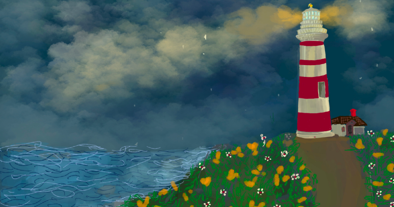 A red and white lighthouse casts a beam of light into the fog. It sits atop a hill, approached by a path flanked with grass and scattered flowers. It overlooks the sea.