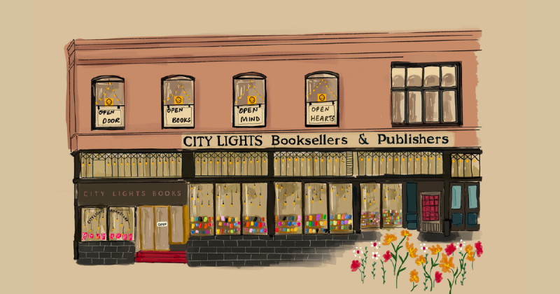 City Lights Booksellers & Publishers building, with a browish-pink upper story and a dark gray first floor. Books can be seen in the front window. The door below a "City Lights Books" sign has a sign reading "Open". Windows in the upper floor have signs reading "Open door", "Open books", "Open mind", and "Open hearts". Red, white, and yellow-orange flowers sprout in front of the store.