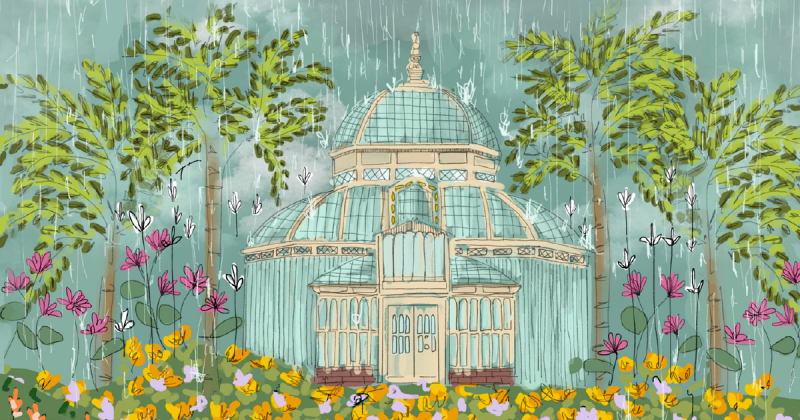 The San Francisco Conservatory of Flowers surrounded by trees and flowers in the rain.