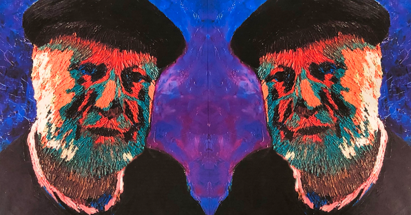 Mirror-image artistic portraits of a bearded and beret-capped male figure, possibly Lawrence Ferlinghetti, in salmon and teal colors with a dark blue and purplish background