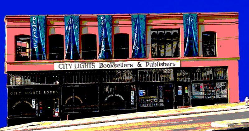 A color-altered image of City Lights Booksellers & Publishers. The building is rendered mostly in pink and black. Blue-and-teal banners read "Democracy is not a spectator sport". The building is surrounded by dark blue. The street in front is rendered in white, yellow, pink and gray.