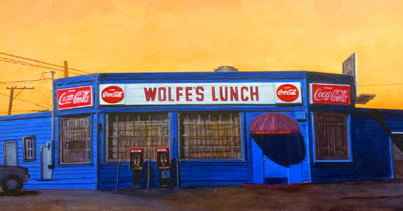 Wolfe's Lunch with multiple Coca Cola signs. The building is in bright blue, with two pay phones in front and a truck parked off to the side. The  cloudy sky is orange-yellow and crossed with wires strung across telephone poles.