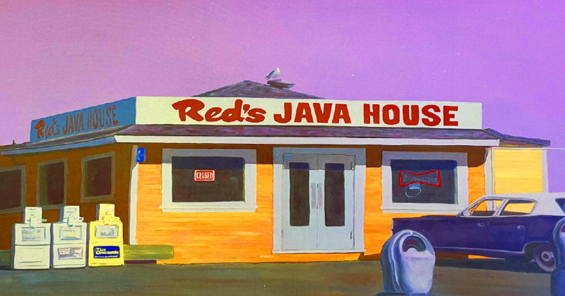 Red's Java House in yellow-orange with closed and Budweiser signs in the window. A classic two-tone (blue and white) sedan is parked in front. Off to the left are three newspaper boxes, including one for the Chronicle, as well as a parked white car. The sky is purple. 