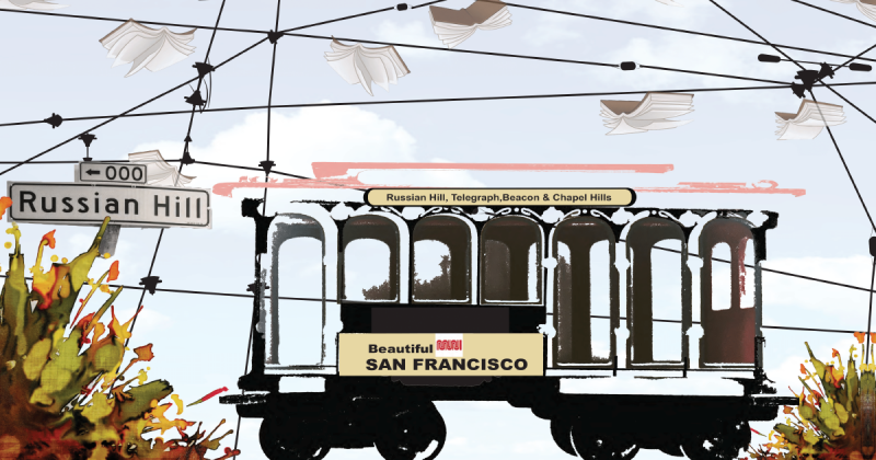 An outline of a cable car is flanked by plants. In the background is a sky filled with fluffy clouds, floating open books and trolley wires. A street sign tells us this is the zero block of Russian Hill. Signs on the cable car feature a Muni logo and read "Beautiful San Francisco" and "Russian Hill, Telegraph, Beacon & Chapel Hills".
