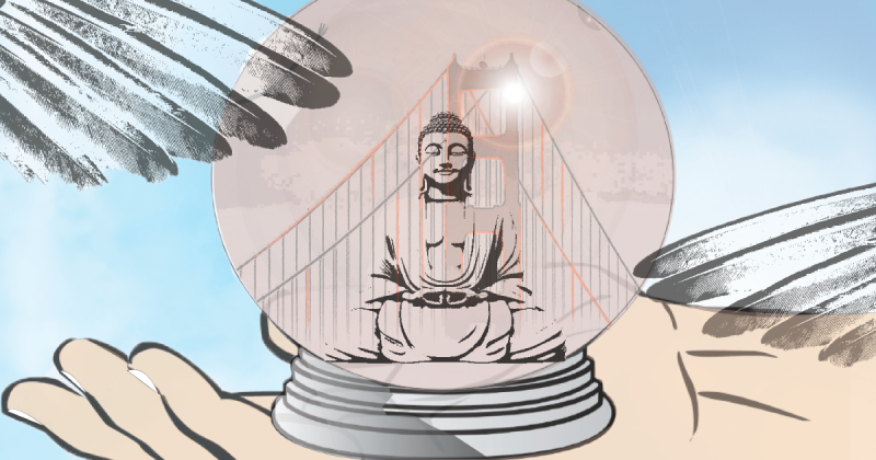 A hand holds a globe with a sitting Buddha overlaid with a tower of the Golden Gate Bridge and a camera flare. There is a blue, fog filled sky in the background. Translucent feathers overlay the image in the upper left and mid-lower right. 