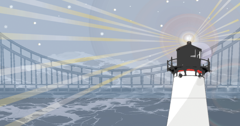A white lighthouse with a dark top casts rays of light into the star-filled sky in front of a translucent center span of the Golden Gate Bridge and above the foamy water.