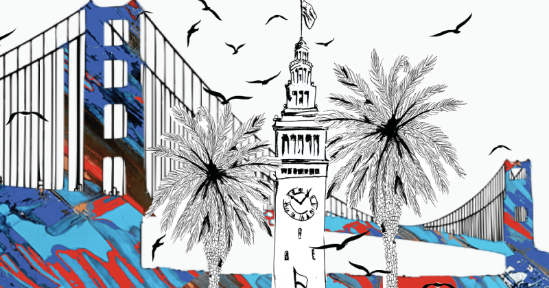 Sketches of the Ferry Building clock tower flanked with palm trees. In the background is the Golden Gate Bridge covered in blue, black and red splotches. Sea gulls fly in the air.