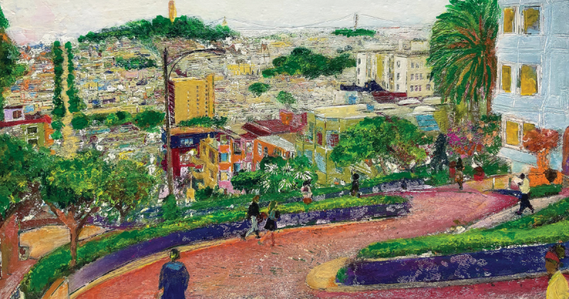 The view from the crooked part of Lombard Street, overlooking North Beach, Chinatown and the Financial District, with Coit Tower and the Bay Bridge in the background.