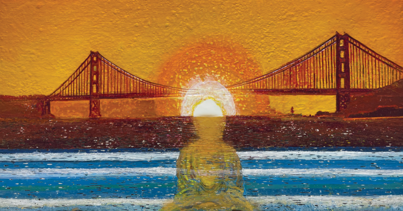 A side view of the Golden Gate Bridge. A translucent Buddha sits in the water, glows emanating from the head engulfing the center of the bridge. 