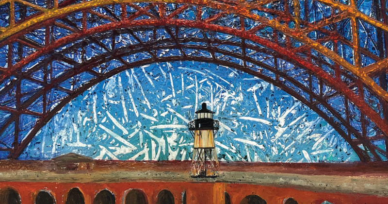 A lighthouse sits on top of Fort Point beneath an underspan of the Golden Gate Bridge. Sparks fill the sky behind the arch.