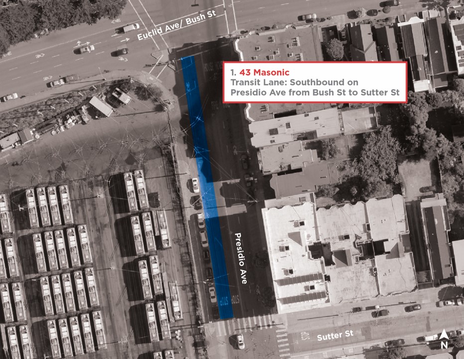 Map shows transit lane on west side of Presidio between Bush and Sutter streets