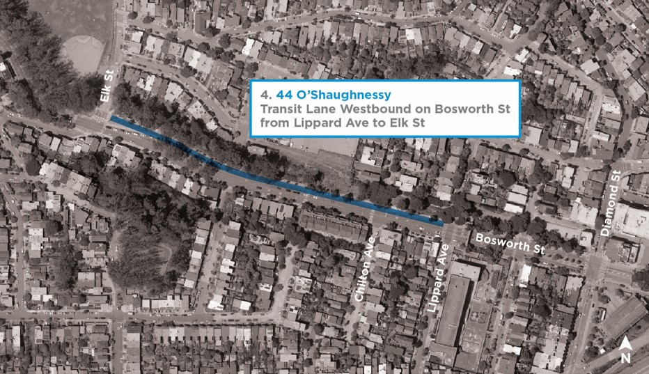 Map showing transit lane Bosworth Street westbound only: Lippard to Elk streets 
