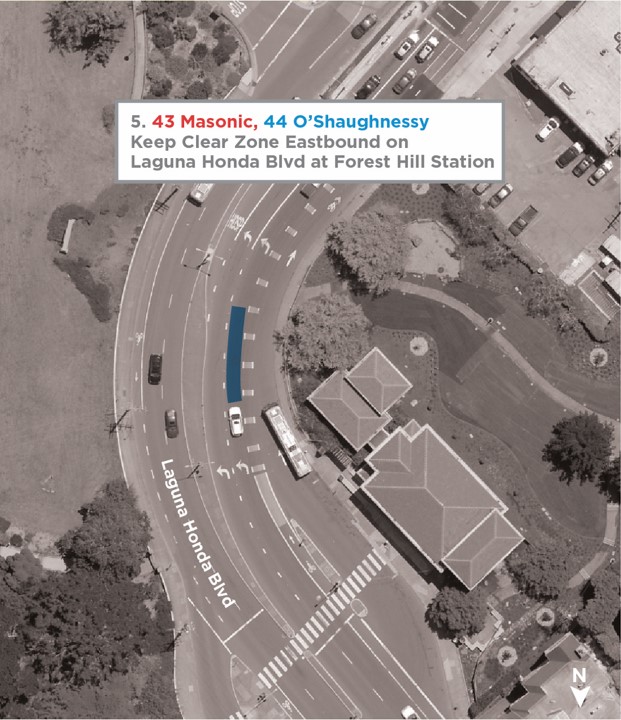 map showing keep clear zone Laguna Honda Boulevard eastbound only: at Forest Hill Station 