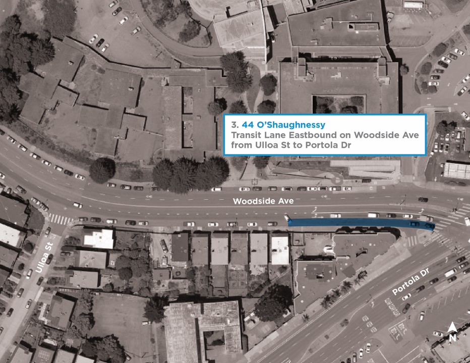 map showing transit lane Woodside Avenue eastbound only: Ulloa Street to Portola Drive 