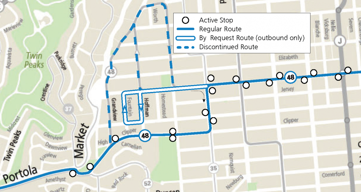 Map of 48 reroute through Diamond Heights and Noe Valley. From 24th St going west, the reroute will go south on Diamond St, west on Clipper St to Portola Drive. From Portola Drive going east, the reroute will turn onto Clipper St, north on Diamond St and right onto 24th St.