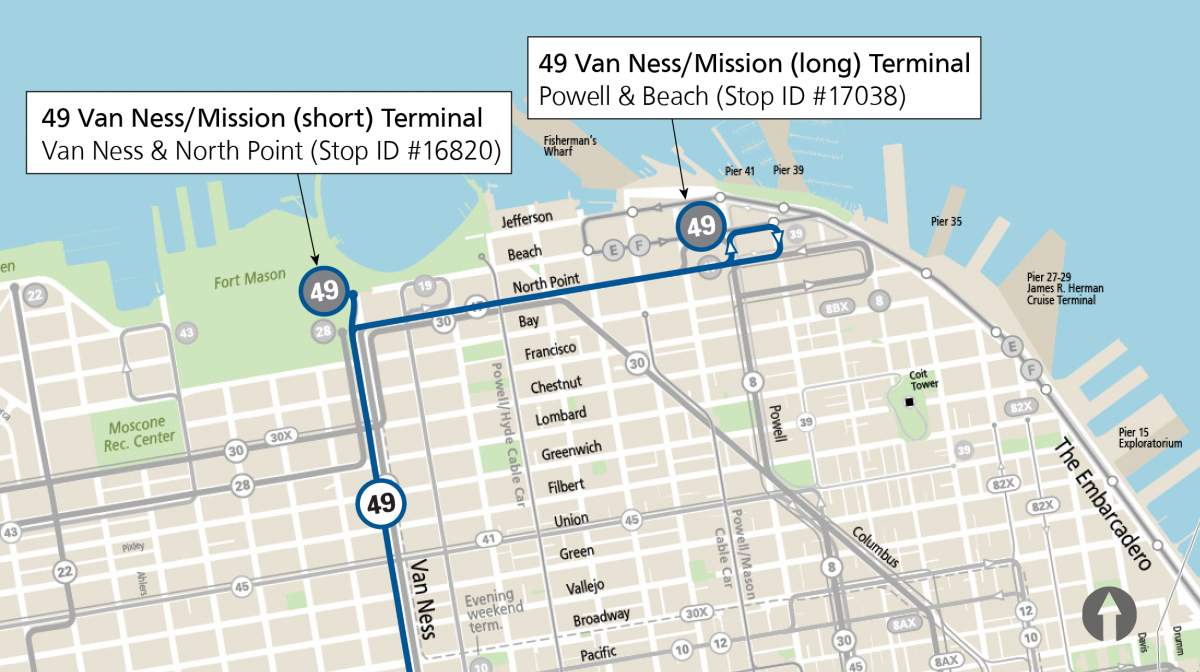Map of 49 Van Ness Mission showing the two terminals at Van Ness & North Point and at Powell & Beach