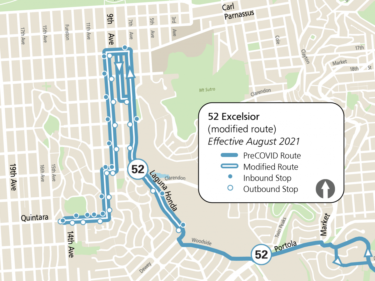 Map of 52 Excelsior route extension in the Inner Sunset