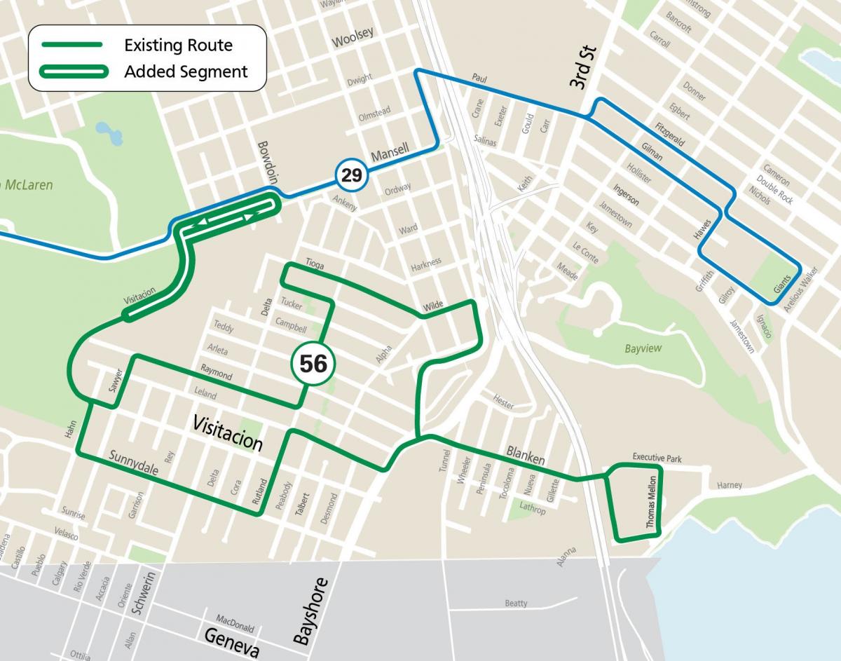 Map of 56 Rutland Extension to Mansell St and the 29 Sunset.