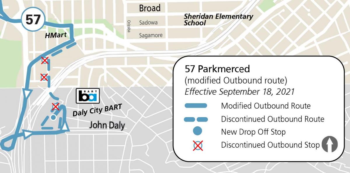 map of the new routing for the 57 Parkmerced near Daly City BART showing discontinued stops and new drop-off stop
