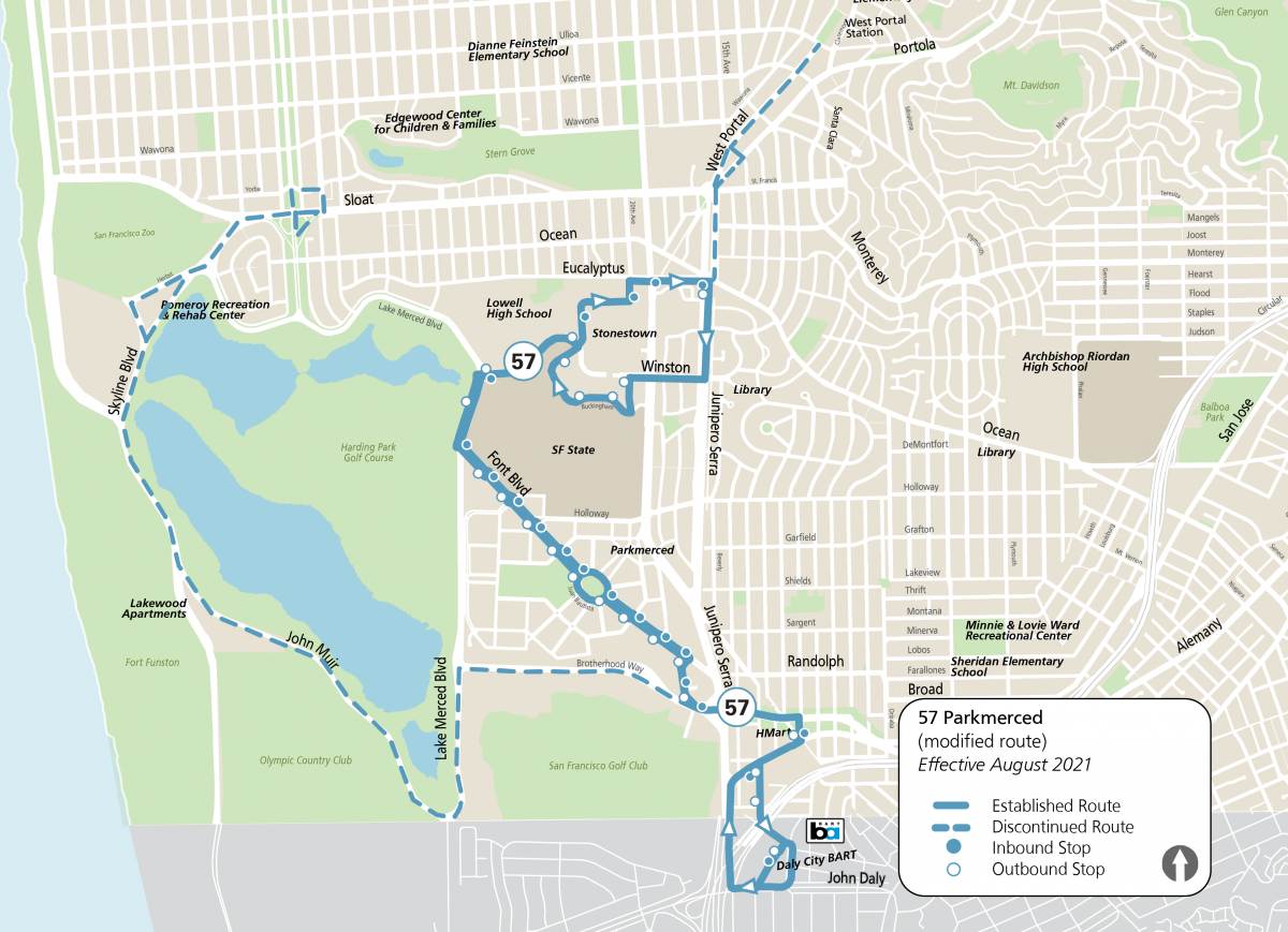 Map of 57 Parkmerced showing shortened route between Daly City BART and Stonestown, compared with original route.
