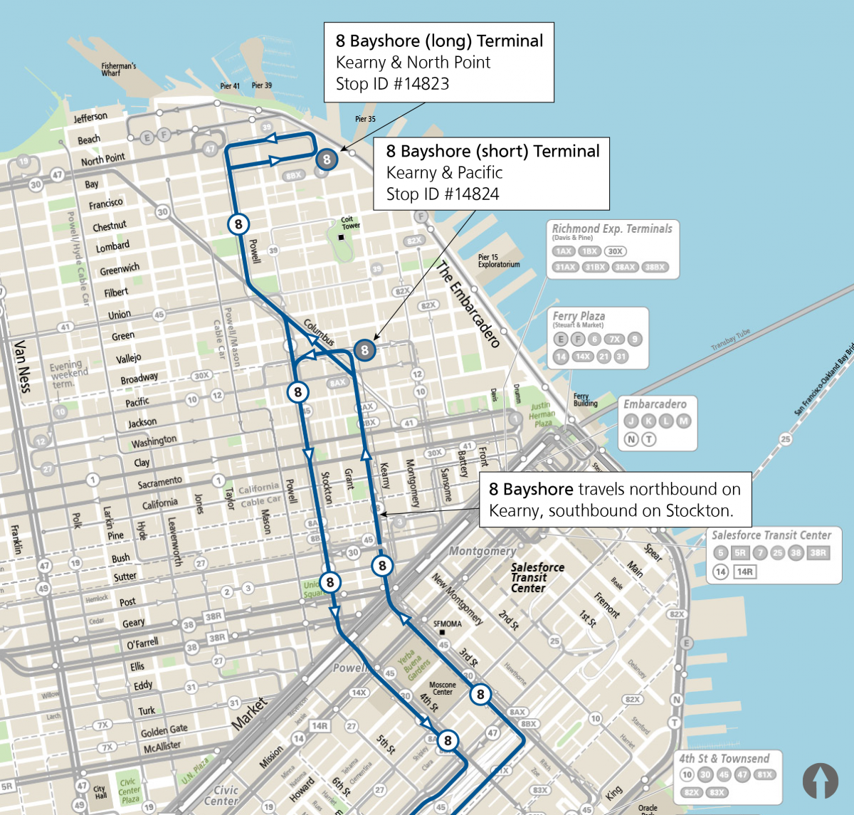 Map of 8 Bayshore in the Financial District, Chinatown, and North Beach, highlighting the northbound route along Kearny and the two terminals at Kearny & Pacific and at Kearny & North Point