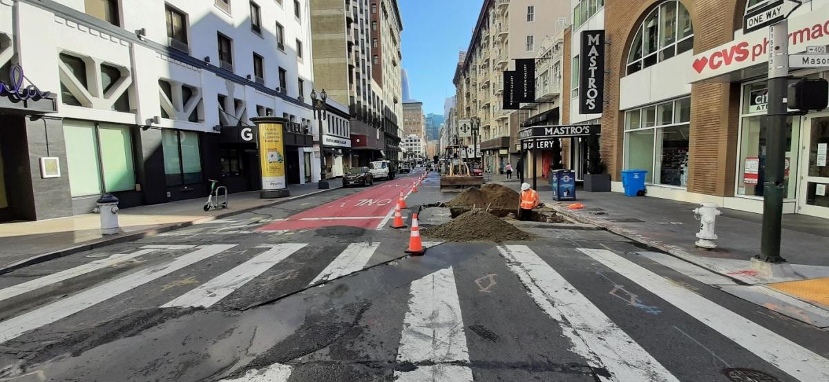 Photo of crew preparing new water pipes for upcoming service on Geary Boulevard