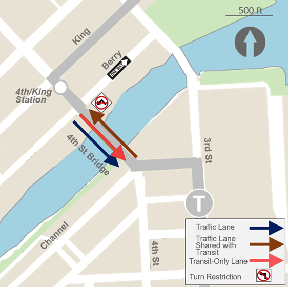 Map of 4th street bridge showing one southbound transit only lane and one regular traffic lane, and showing one northbound traffic lane shared with transit. A northbound left turn restriction at Berry Street is also shown.