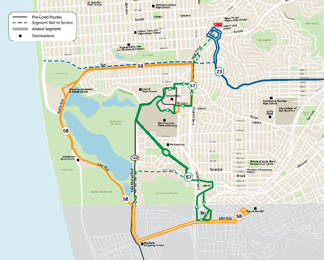 Map showing 57 Parkmerced service between Eucalyptus Drive & Junipero Serra Boulevard and Daly City BART Station, providing direct connections from Stonestown and Parkmerced to BART and KT Ingleside-Third Street and the new 58 Lake Merced route along John Muir Drive