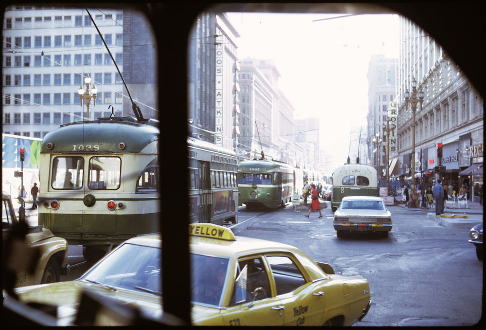 view of traffic on market street from inside streetcar