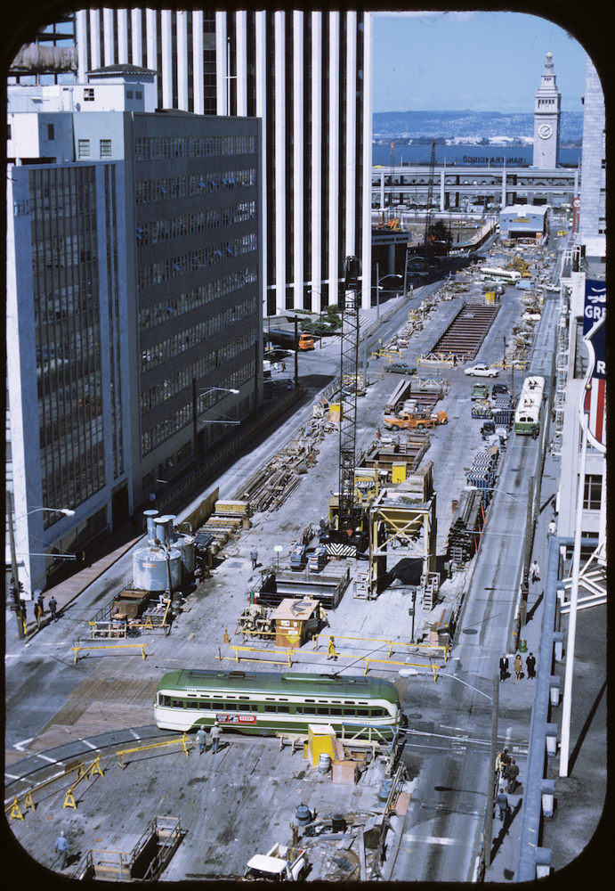 overhead view of Market Street showing construction and Ferry Building