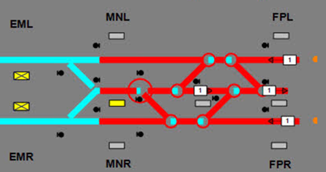 Image of the failure that occurred March 3, 2020, from the TMC control center. Disturbed track switches are circled and disturbed track segments shown in red.