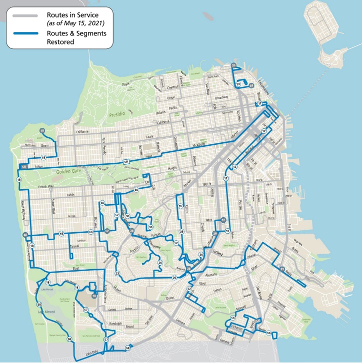 Map showing With changes coming in August 2021, 98% of residents and 100% of equity neighborhoods could be within a ¼ mile of a Muni stop