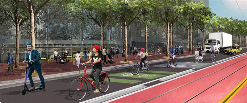 Graphic showing Better Market Street shared curb lane with proposed mountable curb and speed table