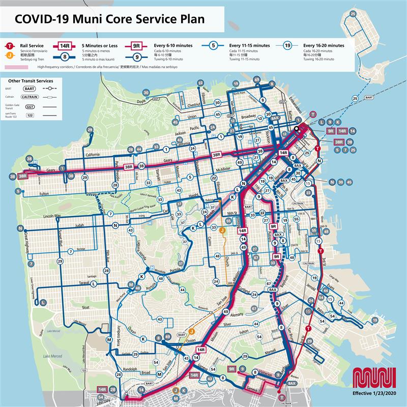 Map of Muni Core Service as of January 23, 2021