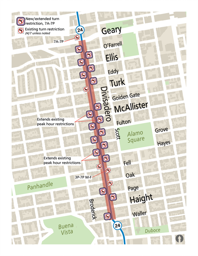 Map of Divisadero with proposed left turn restrictions at O'Farrell, Ellis, Eddy, Turk Golden Gate, McAllister, Fulton, Grove, Hayes, Fell, Oak, Page, Haight, and Waller streets 