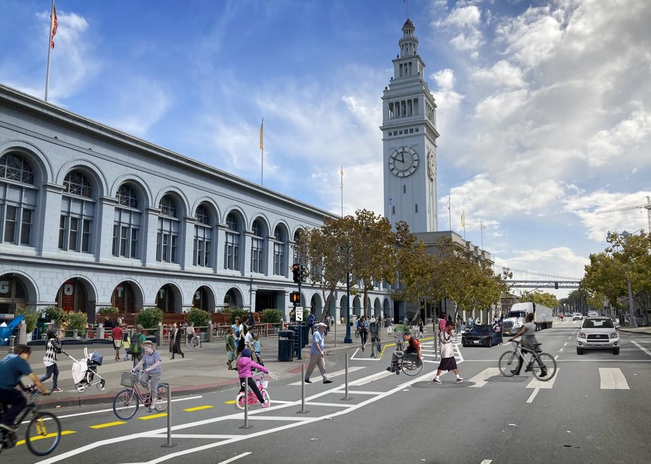 Rendering of proposed improvements on the Embarcadero at Ferry Building Plaza, showing two way bike lanes in front of the Ferry Terminal
