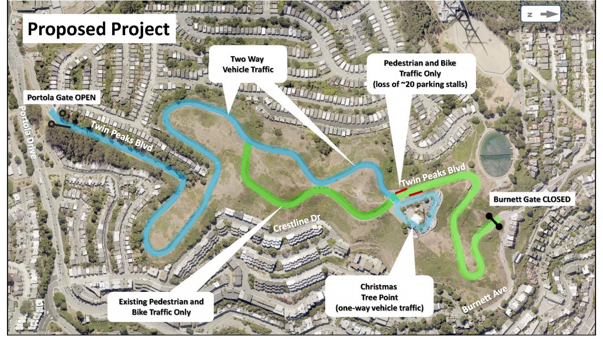 Map of Twin Peaks Boulevard with closures, blue line showing opening of Twin Peaks Blvd