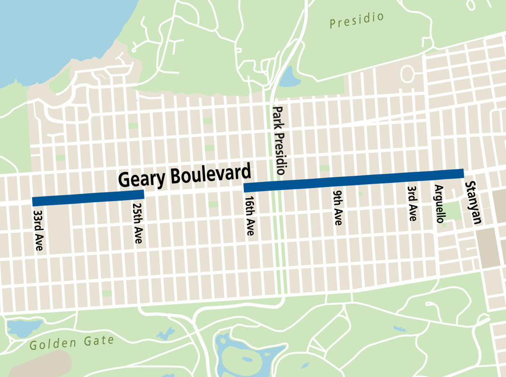Image of Geary Boulevard showing transit lanes from 27th to 35th ave and from 11th Ave to Stanyan 