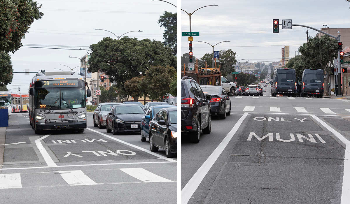 Photo of a special head-start transit signal that gives buses the jump on general traffic at the intersection of Geary Boulevard and 15th Avenue. 