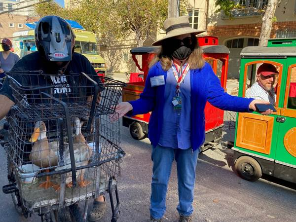 A woman in a facemask, hat and sunglasses stands on a sunny urban street with hands outstretched. To her right is a man wearing a motorcycle helmet looking down at a cage containing to full-sized duck. Behind them a small-scale, child-sized train is seen, and an adult man is sitting in one of the train cars. He looks into the camera.