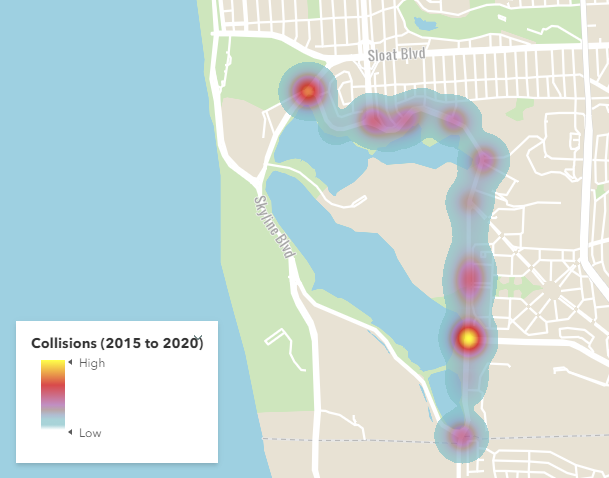 Map of Vehicle, Bicycle and Pedestrian Collisions from 2015 to 2020 on Lake Merced Boulevard from Skyline Boulevard to John Muir Drive