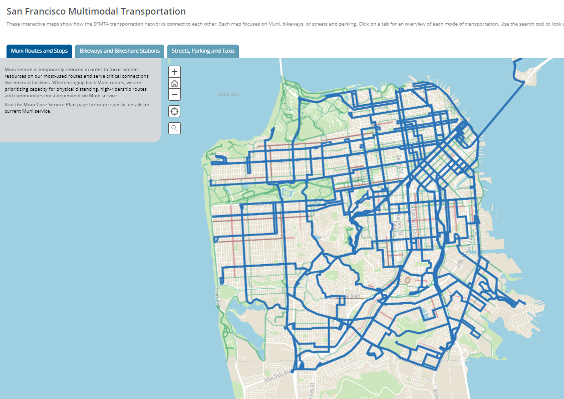 The multimodal map image shows bus, rail, and bike routes covering the entire city of San Francisco