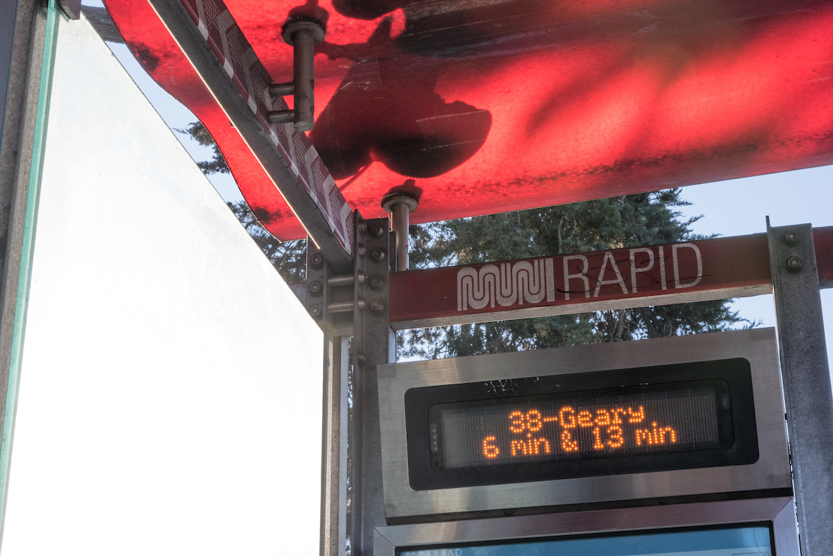 Muni display showing 38 Geary arrivals