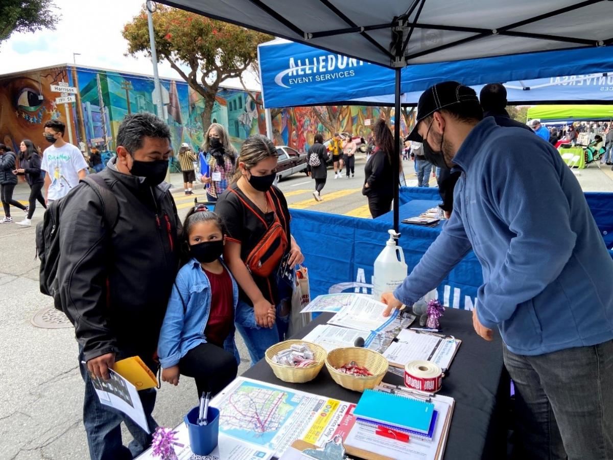 Photo taken during project outreach event at Carnaval. Shows SFMTA staff member presenting project information to a group of constituents.